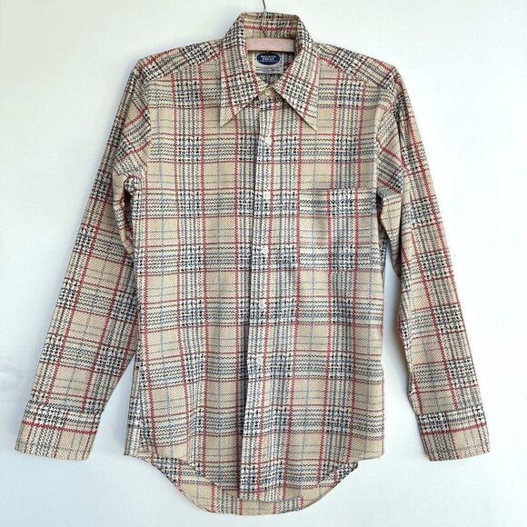 Vintage 70s Macrae Prest Plaid Button-Up Shirt - Permanent Press - S 14-14½ - Picture 1 of 11